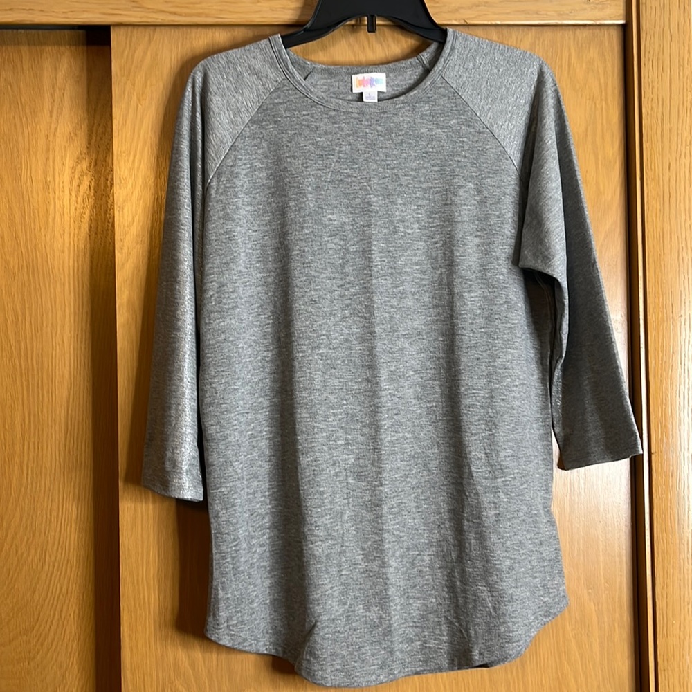 Lularoe grey long sleeve shirt with shiny sleeves, size large